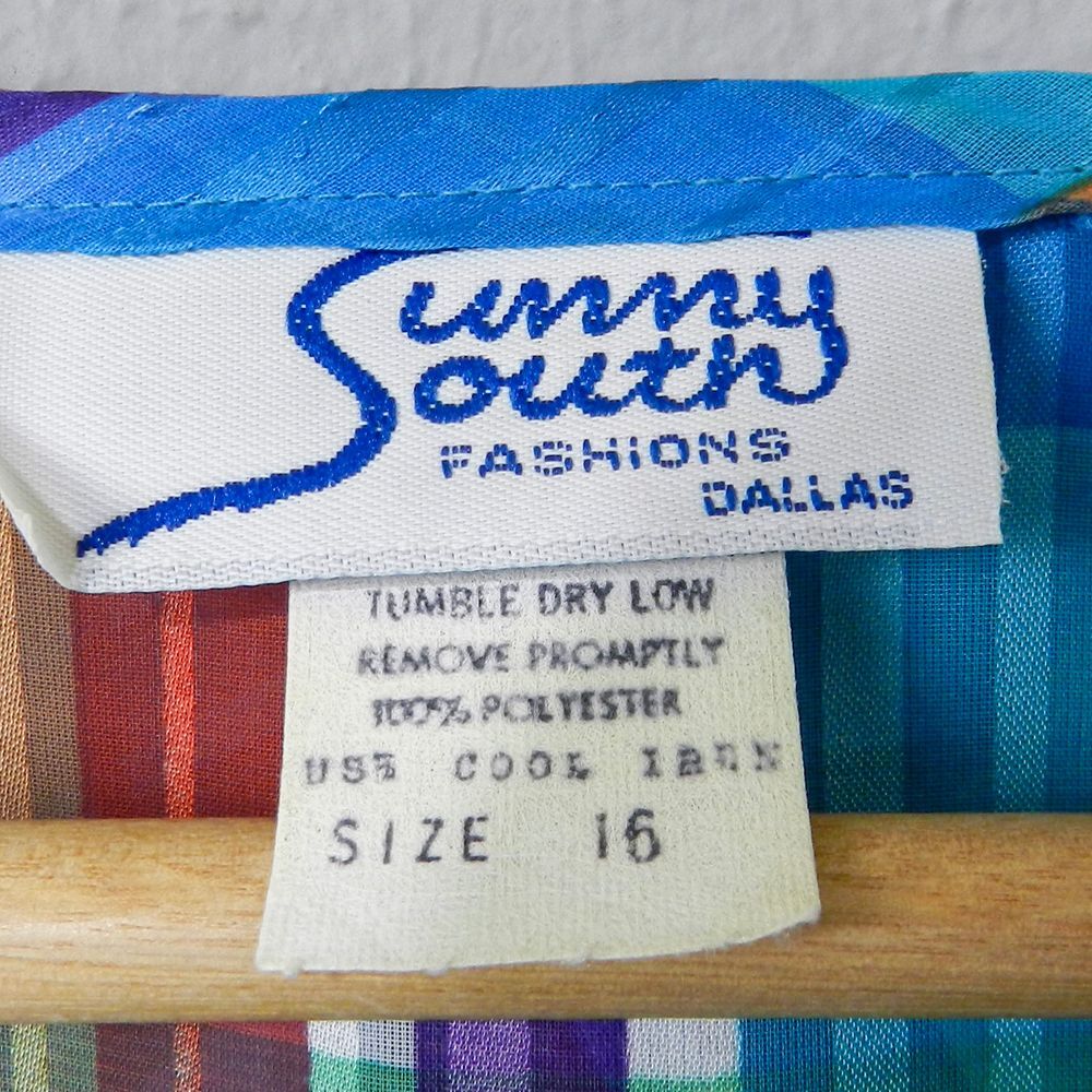 Vintage 70s Sunny‎ South Dallas Blouse Size 16 Plaid Ruffle Rainbow Disco Retro - Picture 2 of 8
